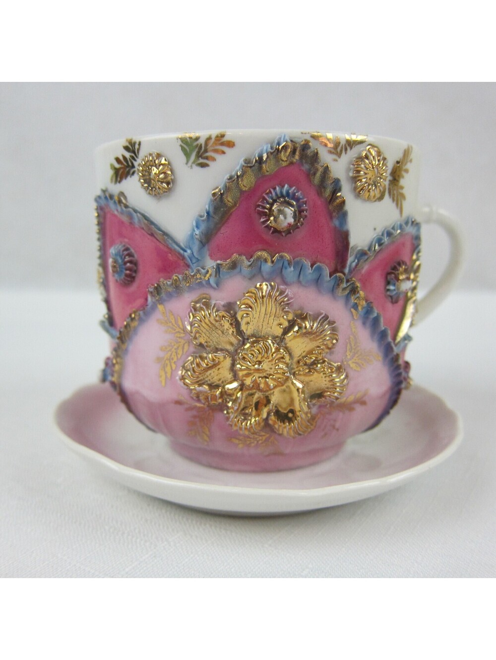 Antique Victorian German Tea Cup Saucer Lusterware Pink Gold Flower Relief RARE